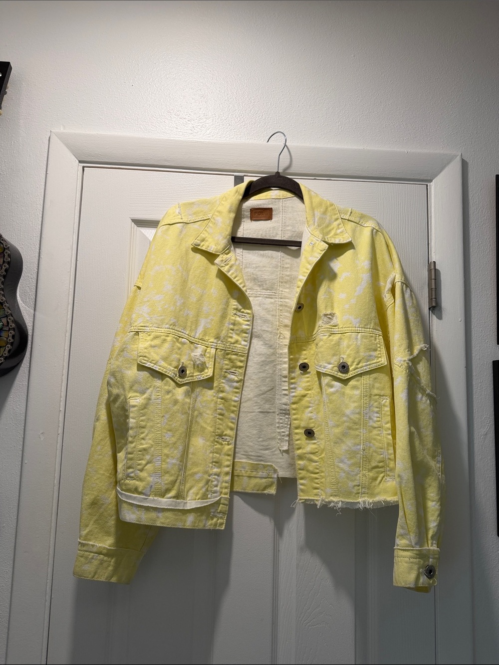 POL Yellow Cropped Distressed Denim Jacket